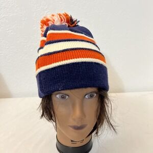 Vintage Smiley Beanie Cap Adult Blue‎ Orange Pom Wool Ski 80s Hat Bears Nevada